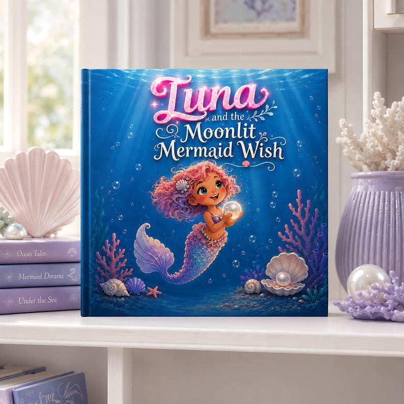 Personalized Mermaid Story Book for Girls, Custom Name Mermaid Adventure, Moonlit Mermaid Wish Bedtime Book, Magical Gift for Kids
