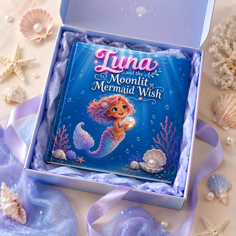Personalized Mermaid Story Book for Girls, Custom Name Mermaid Adventure, Moonlit Mermaid Wish Bedtime Book, Magical Gift for Kids