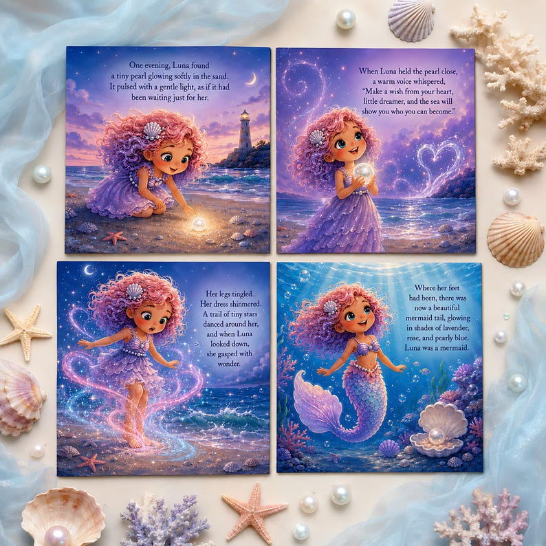 Personalized Mermaid Story Book for Girls, Custom Name Mermaid Adventure, Moonlit Mermaid Wish Bedtime Book, Magical Gift for Kids