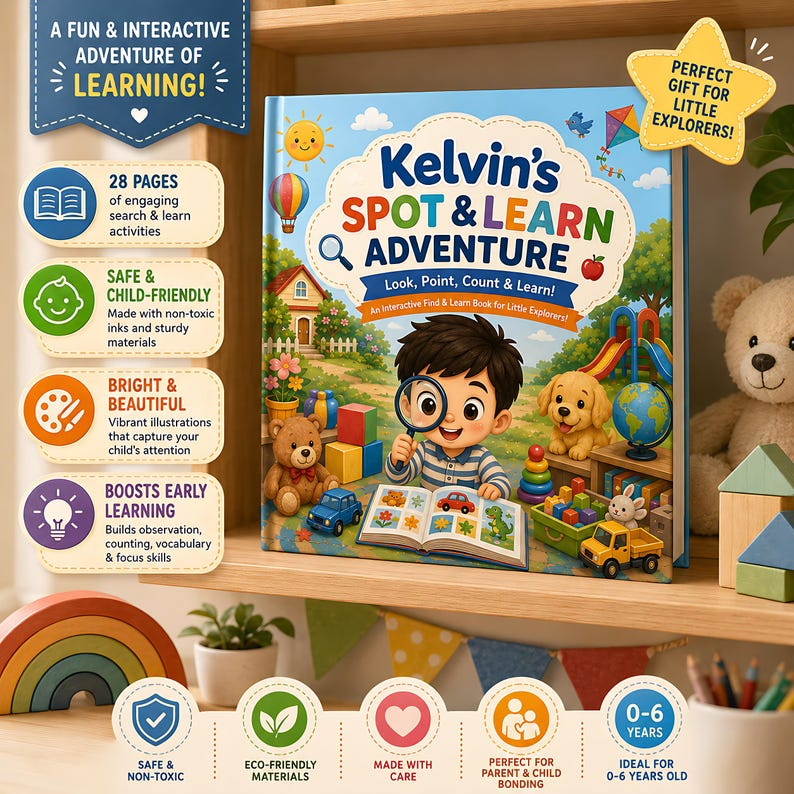 Personalized Spot & Learn Quiet Book for Kids, Custom Name Search Find Activity Storybook, Counting Colors Vocabulary Gift for Toddlers 2-6
