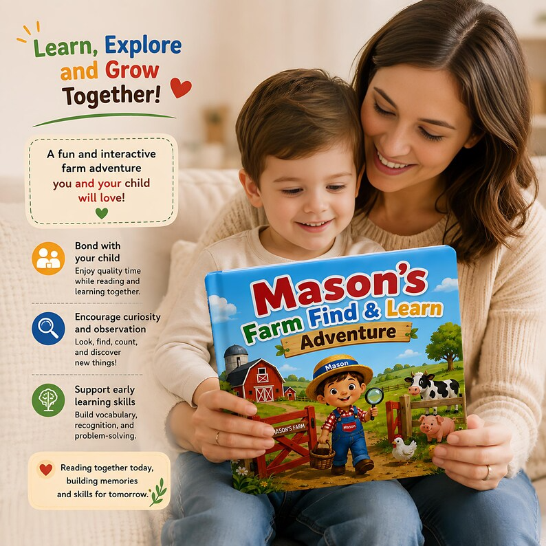 Personalized Farm Animal Busy Book, Custom Search and Find Book for Kids, Farm Adventure Storybook, Toddler Learning Gift, Name Photo Book