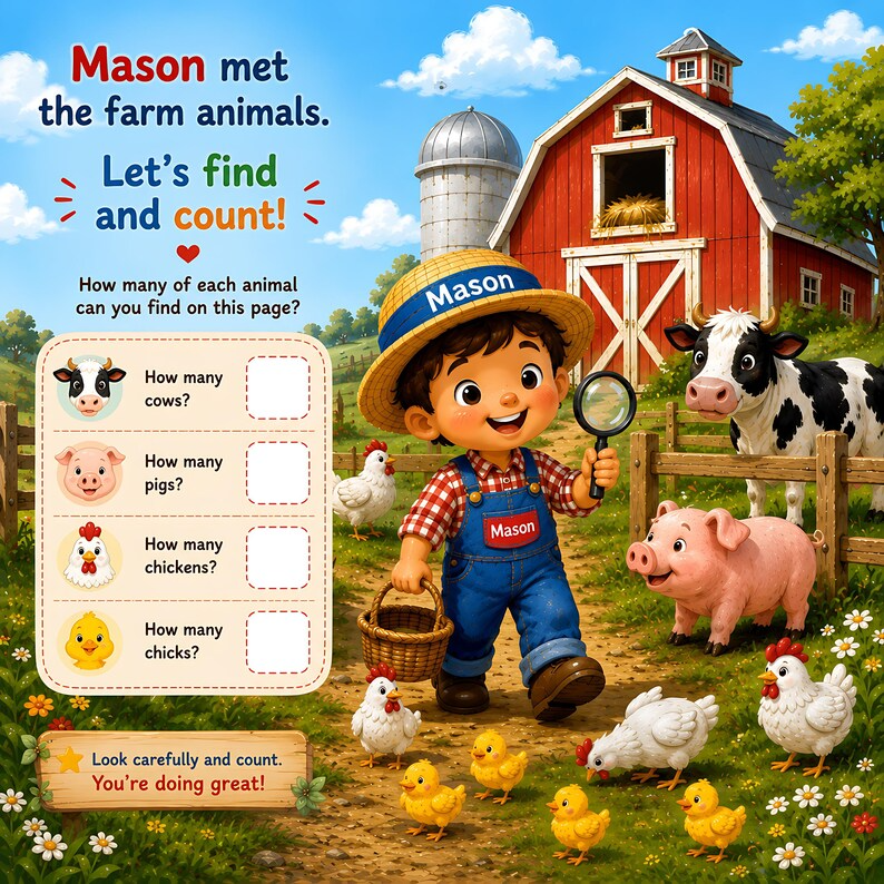 Personalized Farm Animal Busy Book, Custom Search and Find Book for Kids, Farm Adventure Storybook, Toddler Learning Gift, Name Photo Book