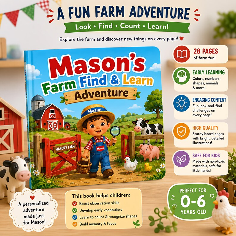 Personalized Farm Animal Busy Book, Custom Search and Find Book for Kids, Farm Adventure Storybook, Toddler Learning Gift, Name Photo Book