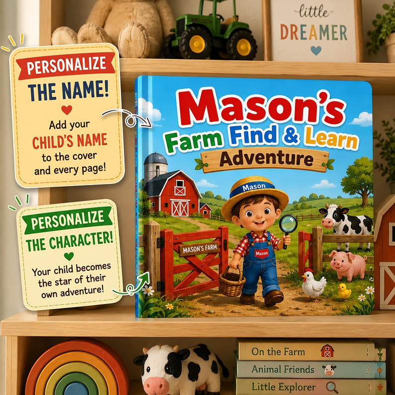Personalized Farm Animal Busy Book, Custom Search and Find Book for Kids, Farm Adventure Storybook, Toddler Learning Gift, Name Photo Book