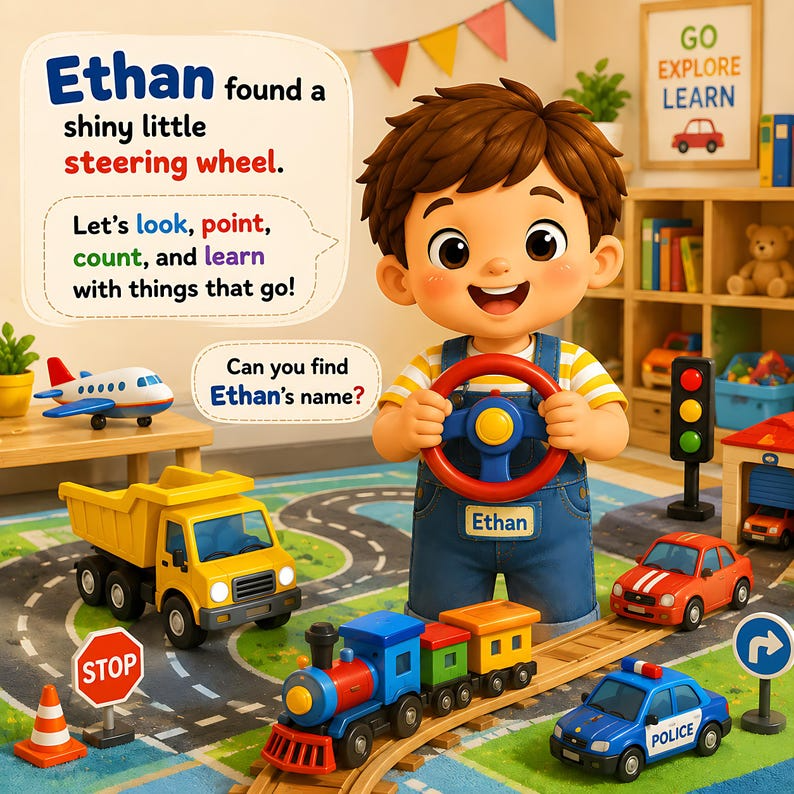 Personalized Things That Go Felt Busy Book, Custom Vehicle Storybook for Kids, Search and Find Learning Book, Name Photo Gift for Toddlers