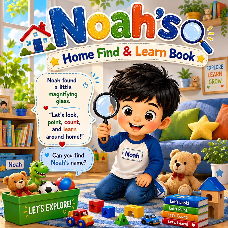Personalized Home Search and Find Book for Kids, Custom Learning Busy Storybook, Name Photo Gift, Interactive Toddler Find and Learn Book