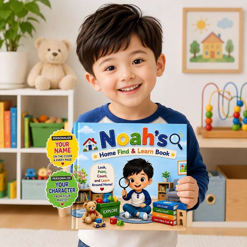 Personalized Home Search and Find Book for Kids, Custom Learning Busy Storybook, Name Photo Gift, Interactive Toddler Find and Learn Book