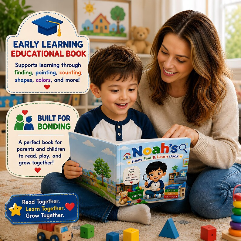 Personalized Home Search and Find Book for Kids, Custom Learning Busy Storybook, Name Photo Gift, Interactive Toddler Find and Learn Book