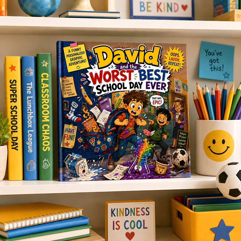 Personalized Funny School Disaster Book, Custom Name Worst Best School Day Storybook, Back to School Laugh Out Loud Gift for Kids Boys Girls