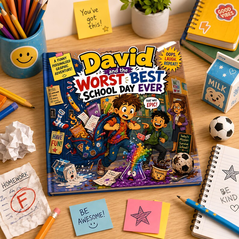 Personalized Funny School Disaster Book, Custom Name Worst Best School Day Storybook, Back to School Laugh Out Loud Gift for Kids Boys Girls