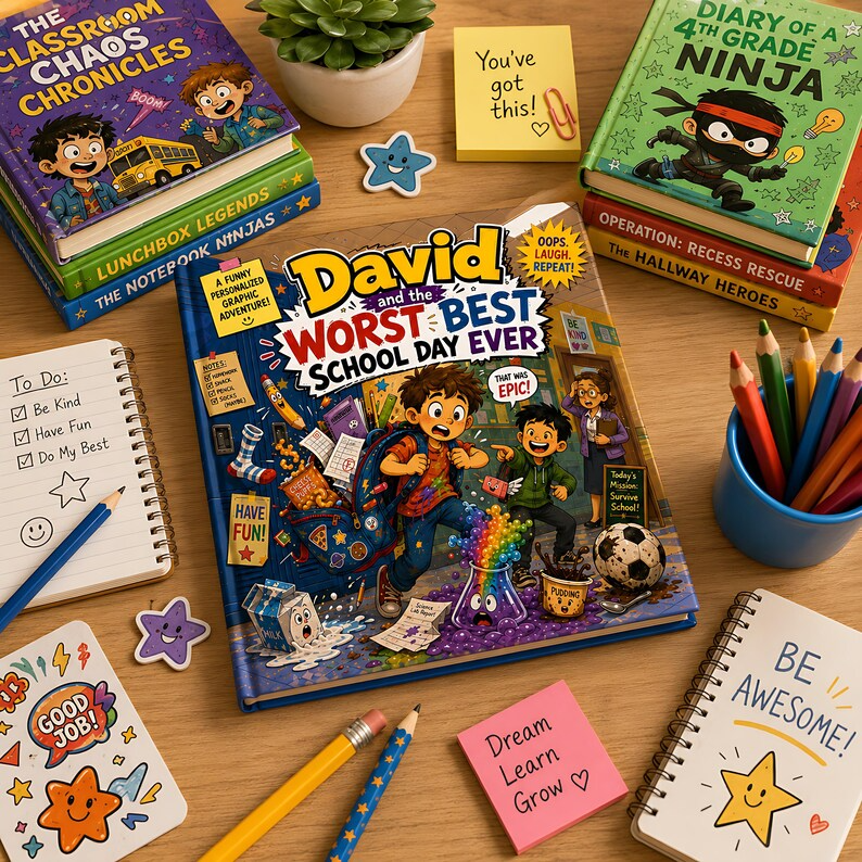 Personalized Funny School Disaster Book, Custom Name Worst Best School Day Storybook, Back to School Laugh Out Loud Gift for Kids Boys Girls
