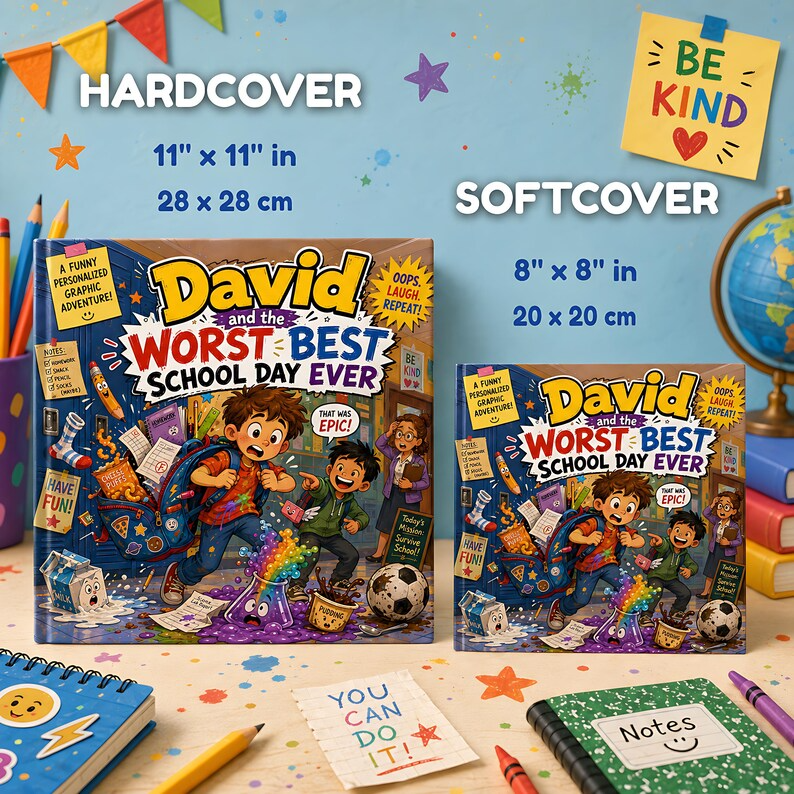 Personalized Funny School Disaster Book, Custom Name Worst Best School Day Storybook, Back to School Laugh Out Loud Gift for Kids Boys Girls