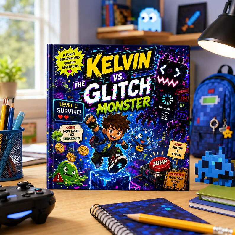 Personalized Glitch Monster Video Game Book, Custom Name Gamer Adventure Storybook, Funny Pixel Quest Gift for Kids Boys Girls Gaming Gifts