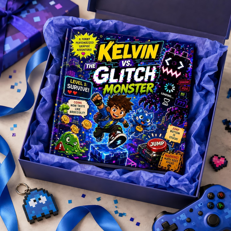 Personalized Glitch Monster Video Game Book, Custom Name Gamer Adventure Storybook, Funny Pixel Quest Gift for Kids Boys Girls Gaming Gifts