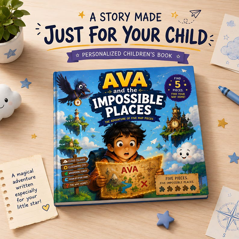 Personalized Impossible Places Book, Custom Name Fantasy Map Quest Storybook, Magical Puzzle Adventure Gift for Curious Kids Boys Girls