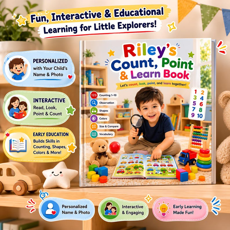 Personalized Count Point Learn Book, Custom Name & Photo Early Learning Storybook, Interactive Toddler Activity Gift for Kids Ages 2-6 Play