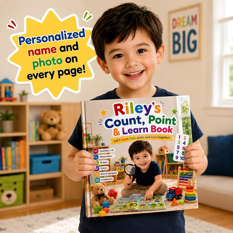 Personalized Count Point Learn Book, Custom Name & Photo Early Learning Storybook, Interactive Toddler Activity Gift for Kids Ages 2-6 Play