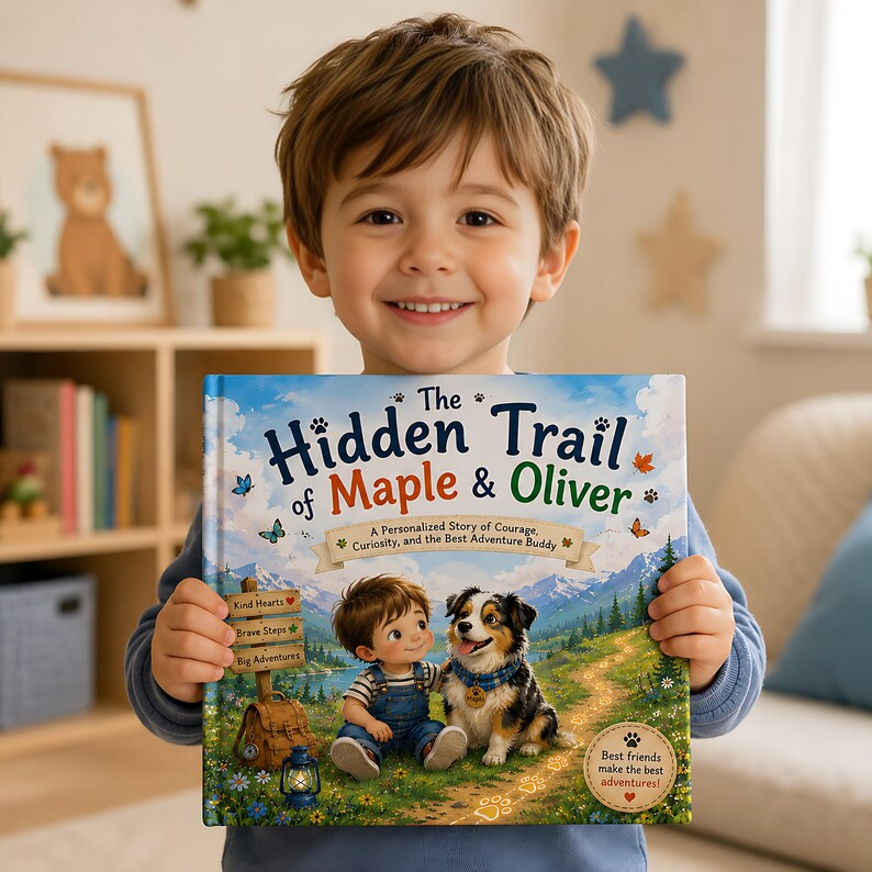 Personalized Kid & Dog Adventure Book, Custom Child Name - Dog Breed Storybook, Friendship Trail Keepsake Gift for Kids Families
