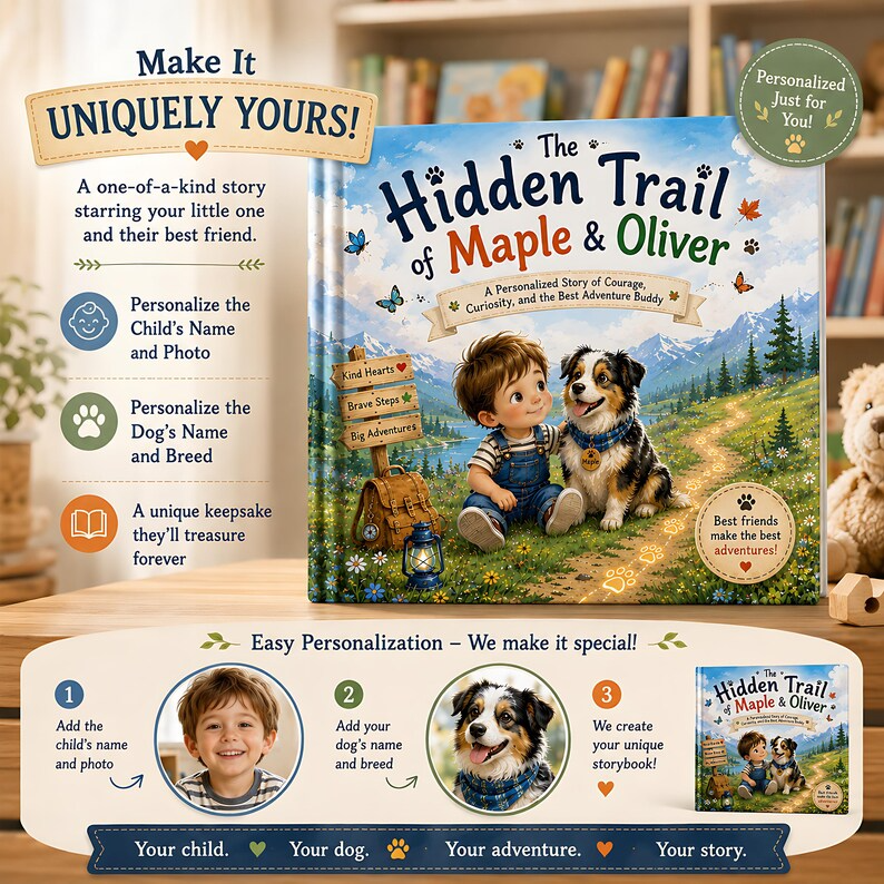 Personalized Kid & Dog Adventure Book, Custom Child Name - Dog Breed Storybook, Friendship Trail Keepsake Gift for Kids Families