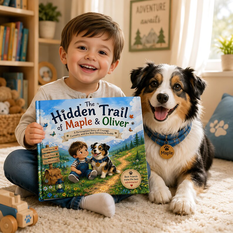 Personalized Kid & Dog Adventure Book, Custom Child Name - Dog Breed Storybook, Friendship Trail Keepsake Gift for Kids Families