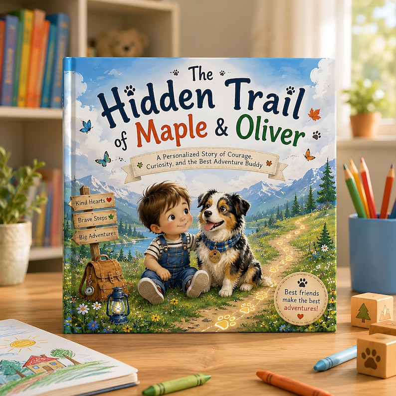 Personalized Kid & Dog Adventure Book, Custom Child Name - Dog Breed Storybook, Friendship Trail Keepsake Gift for Kids Families