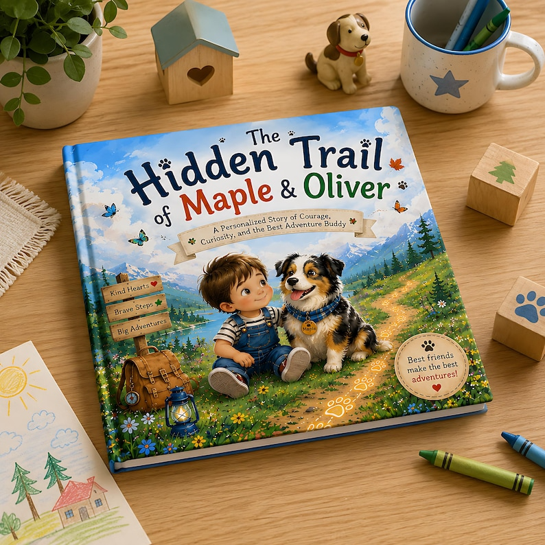 Personalized Kid & Dog Adventure Book, Custom Child Name - Dog Breed Storybook, Friendship Trail Keepsake Gift for Kids Families