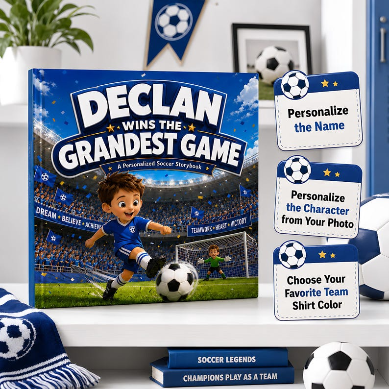 Personalized Soccer Story Book for Kids, Custom Name & Photo Football Adventure Book, Choose Team Jersey Color, Soccer Player Gift