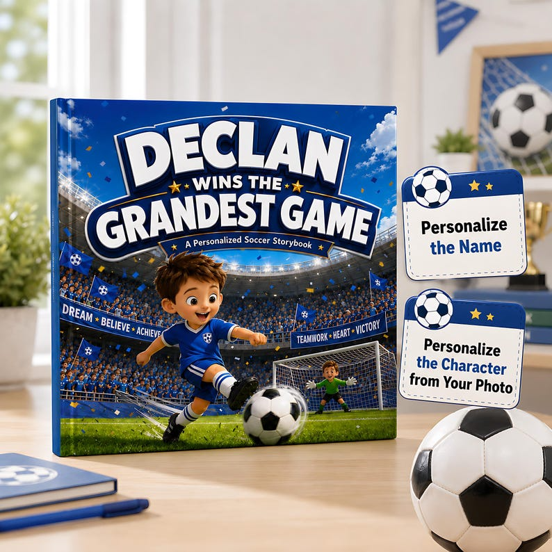 Personalized Soccer Story Book for Kids, Custom Name & Photo Football Adventure Book, Choose Team Jersey Color, Soccer Player Gift