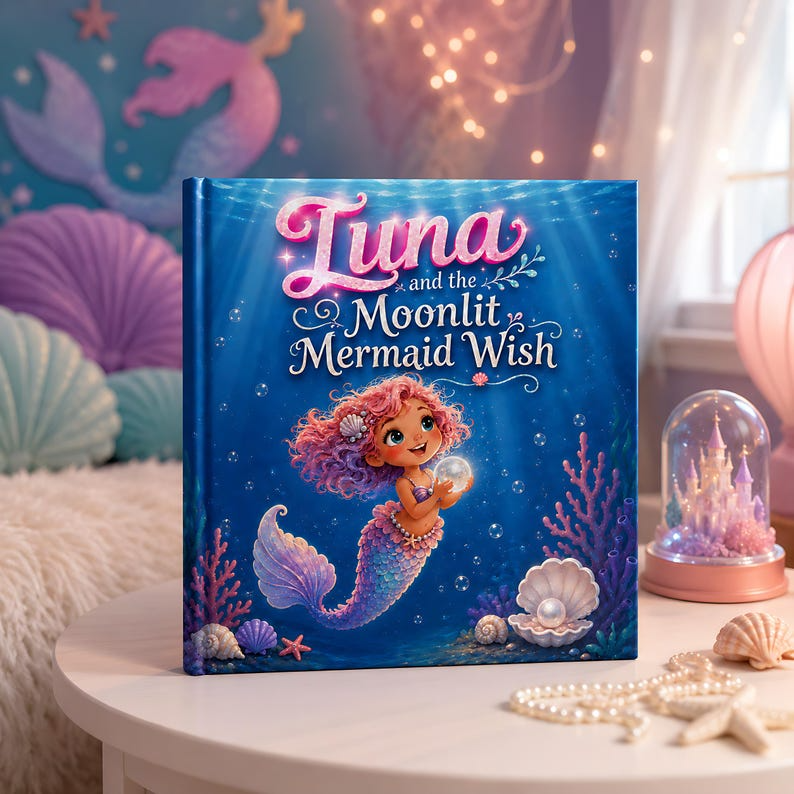 Personalized Mermaid Story Book for Girls, Custom Name Mermaid Adventure, Moonlit Mermaid Wish Bedtime Book, Magical Gift for Kids