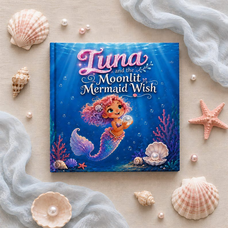 Personalized Mermaid Story Book for Girls, Custom Name Mermaid Adventure, Moonlit Mermaid Wish Bedtime Book, Magical Gift for Kids