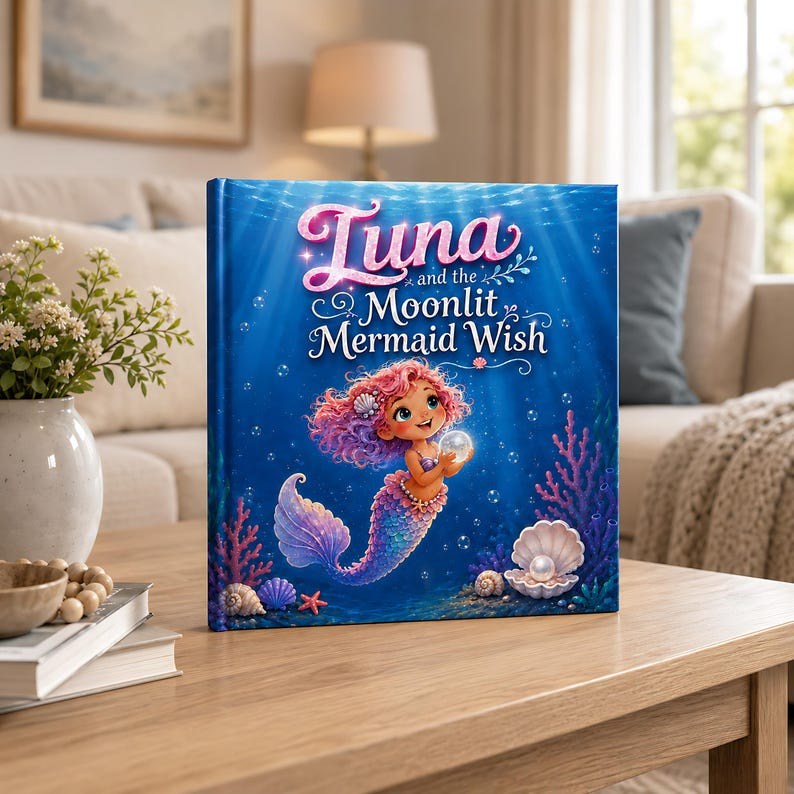 Personalized Mermaid Story Book for Girls, Custom Name Mermaid Adventure, Moonlit Mermaid Wish Bedtime Book, Magical Gift for Kids
