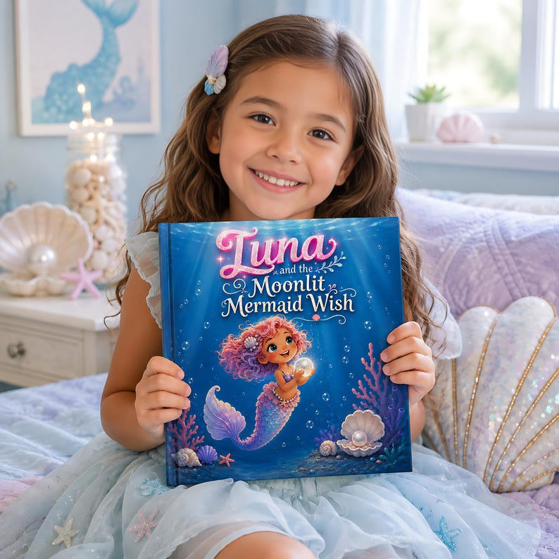 Personalized Mermaid Story Book for Girls, Custom Name Mermaid Adventure, Moonlit Mermaid Wish Bedtime Book, Magical Gift for Kids