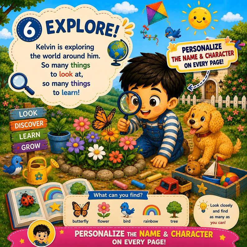 Personalized Spot & Learn Quiet Book for Kids, Custom Name Search Find Activity Storybook, Counting Colors Vocabulary Gift for Toddlers 2-6
