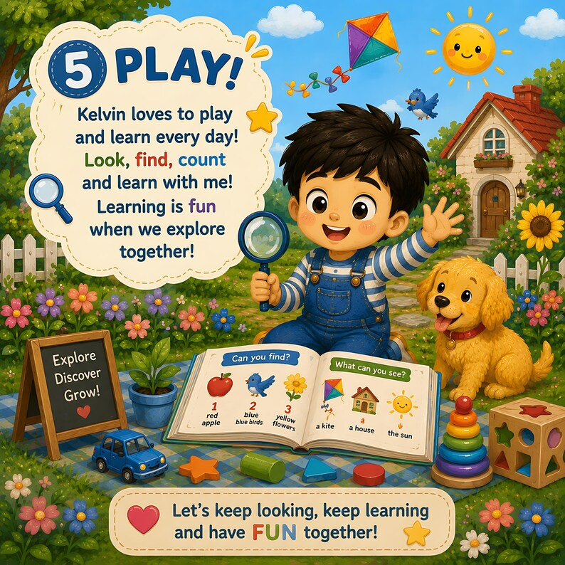 Personalized Spot & Learn Quiet Book for Kids, Custom Name Search Find Activity Storybook, Counting Colors Vocabulary Gift for Toddlers 2-6