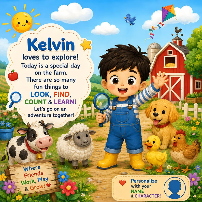 Personalized Spot & Learn Quiet Book for Kids, Custom Name Search Find Activity Storybook, Counting Colors Vocabulary Gift for Toddlers 2-6