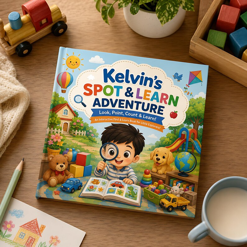 Personalized Spot & Learn Quiet Book for Kids, Custom Name Search Find Activity Storybook, Counting Colors Vocabulary Gift for Toddlers 2-6