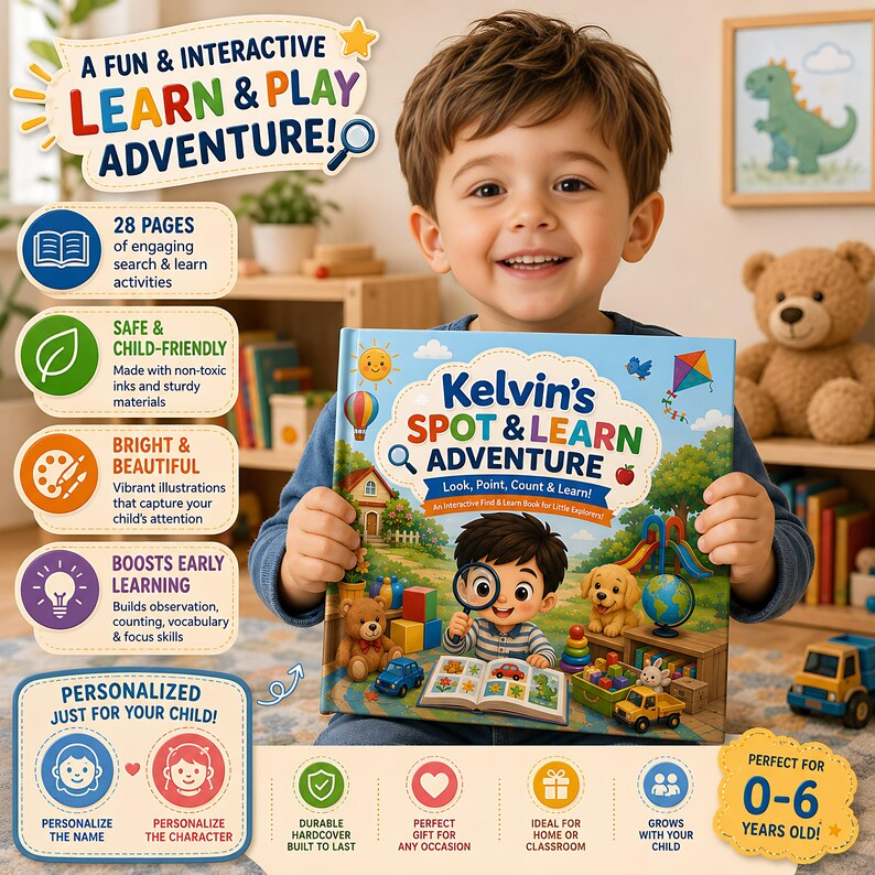 Personalized Spot & Learn Quiet Book for Kids, Custom Name Search Find Activity Storybook, Counting Colors Vocabulary Gift for Toddlers 2-6
