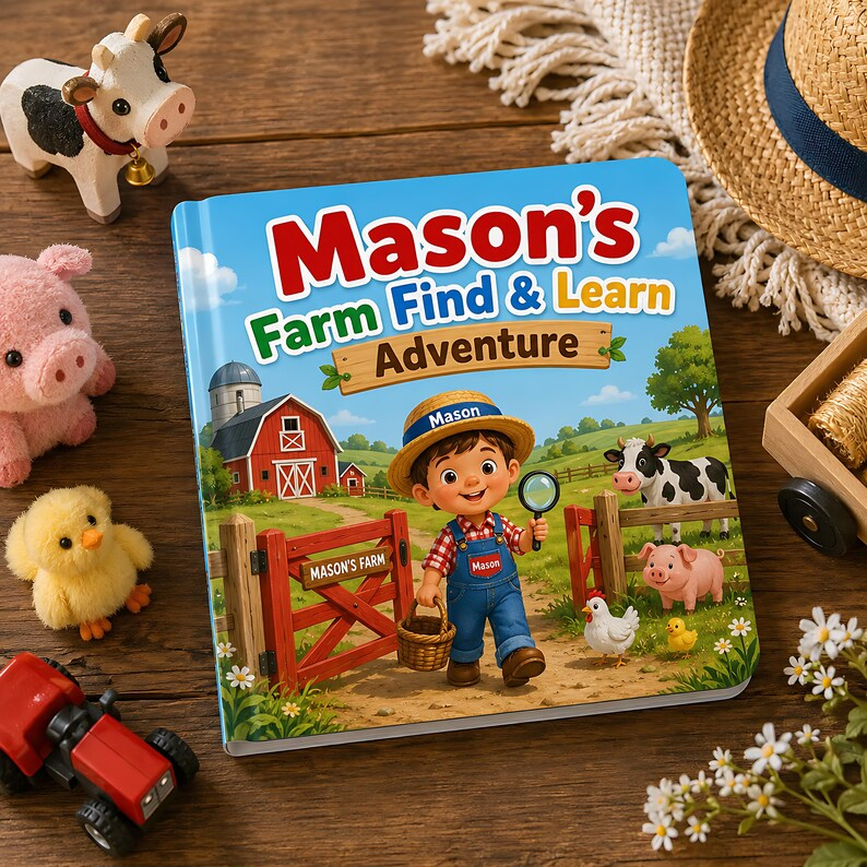 Personalized Farm Animal Busy Book, Custom Search and Find Book for Kids, Farm Adventure Storybook, Toddler Learning Gift, Name Photo Book