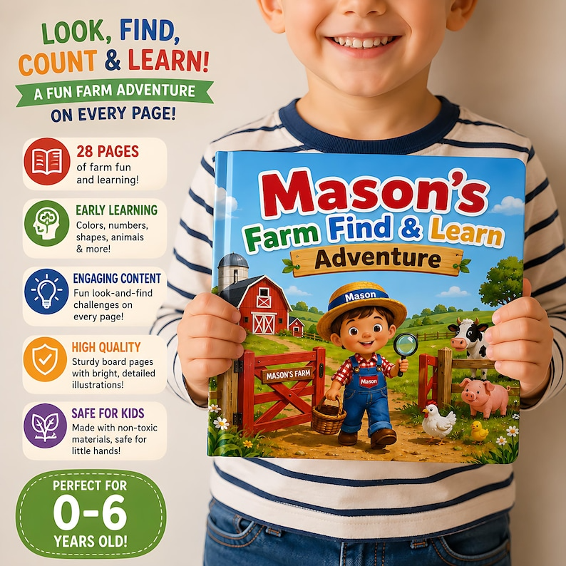 Personalized Farm Animal Busy Book, Custom Search and Find Book for Kids, Farm Adventure Storybook, Toddler Learning Gift, Name Photo Book