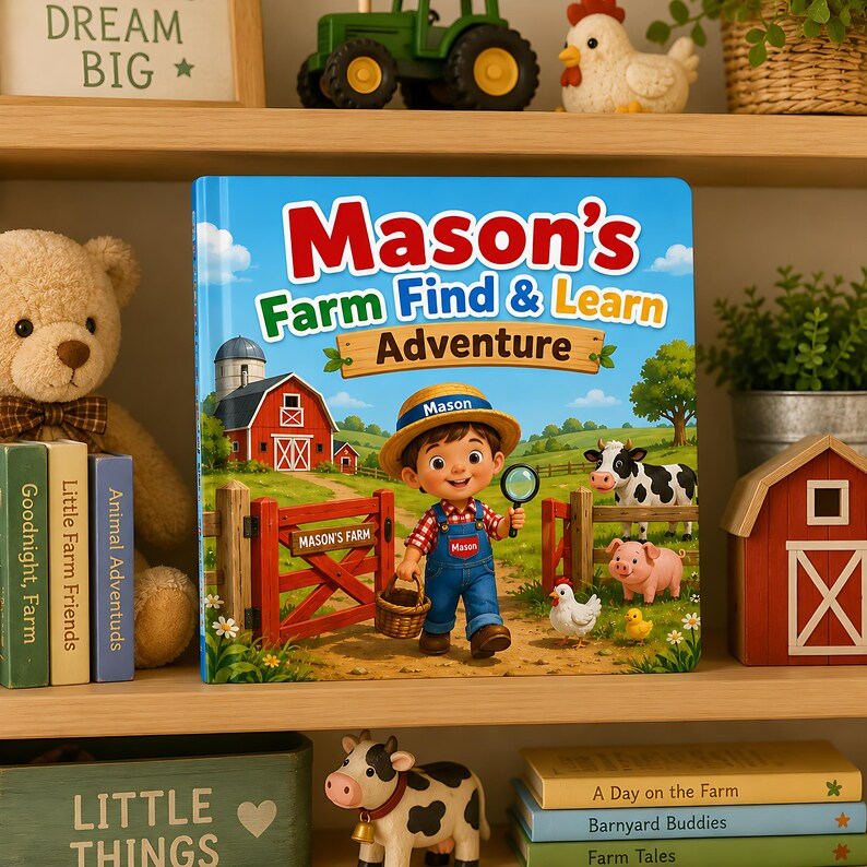 Personalized Farm Animal Busy Book, Custom Search and Find Book for Kids, Farm Adventure Storybook, Toddler Learning Gift, Name Photo Book