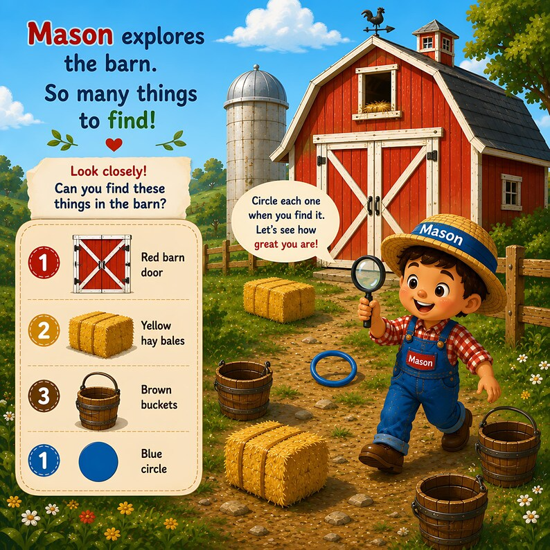 Personalized Farm Animal Busy Book, Custom Search and Find Book for Kids, Farm Adventure Storybook, Toddler Learning Gift, Name Photo Book