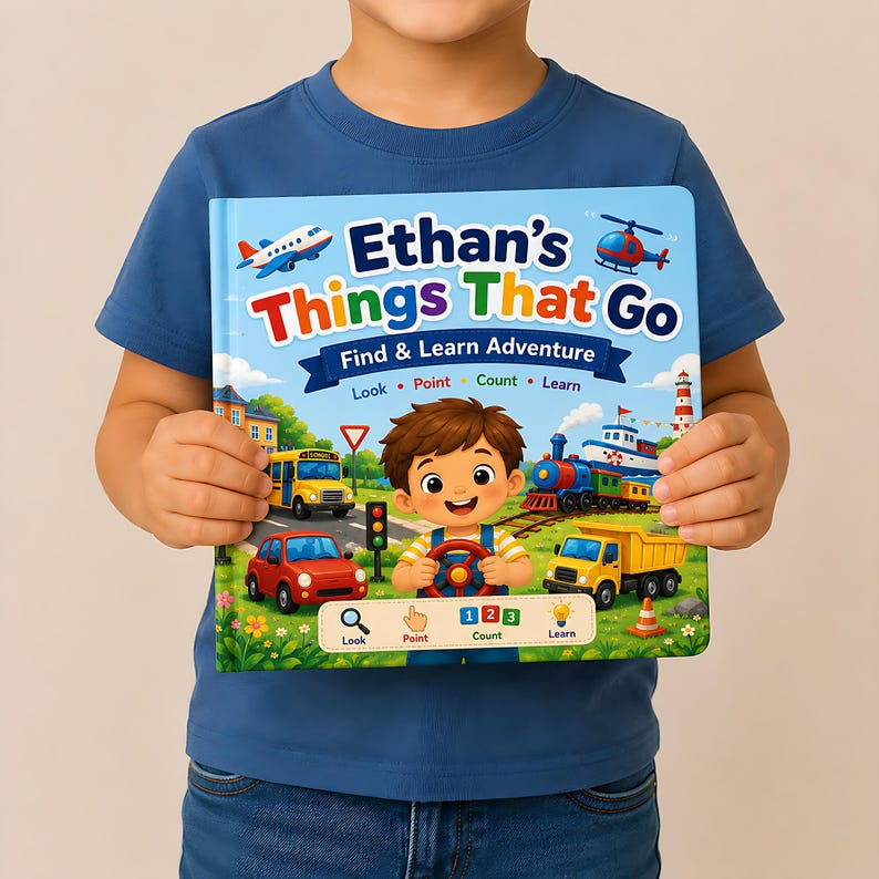 Personalized Things That Go Felt Busy Book, Custom Vehicle Storybook for Kids, Search and Find Learning Book, Name Photo Gift for Toddlers