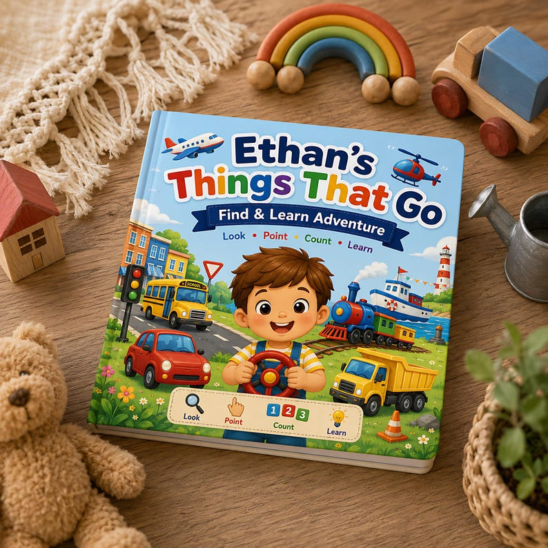 Personalized Things That Go Felt Busy Book, Custom Vehicle Storybook for Kids, Search and Find Learning Book, Name Photo Gift for Toddlers