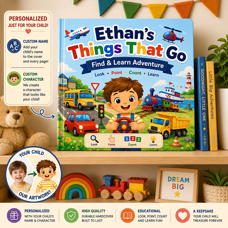 Personalized Things That Go Felt Busy Book, Custom Vehicle Storybook for Kids, Search and Find Learning Book, Name Photo Gift for Toddlers