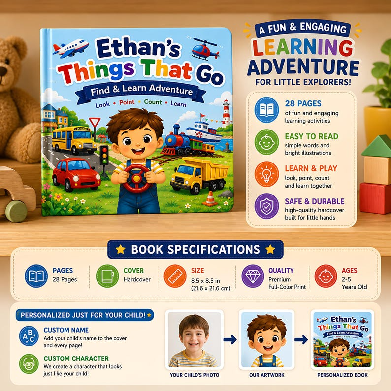 Personalized Things That Go Felt Busy Book, Custom Vehicle Storybook for Kids, Search and Find Learning Book, Name Photo Gift for Toddlers