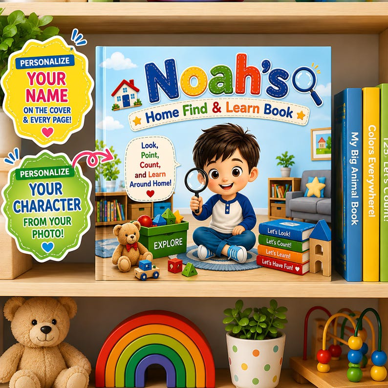 Personalized Home Search and Find Book for Kids, Custom Learning Busy Storybook, Name Photo Gift, Interactive Toddler Find and Learn Book