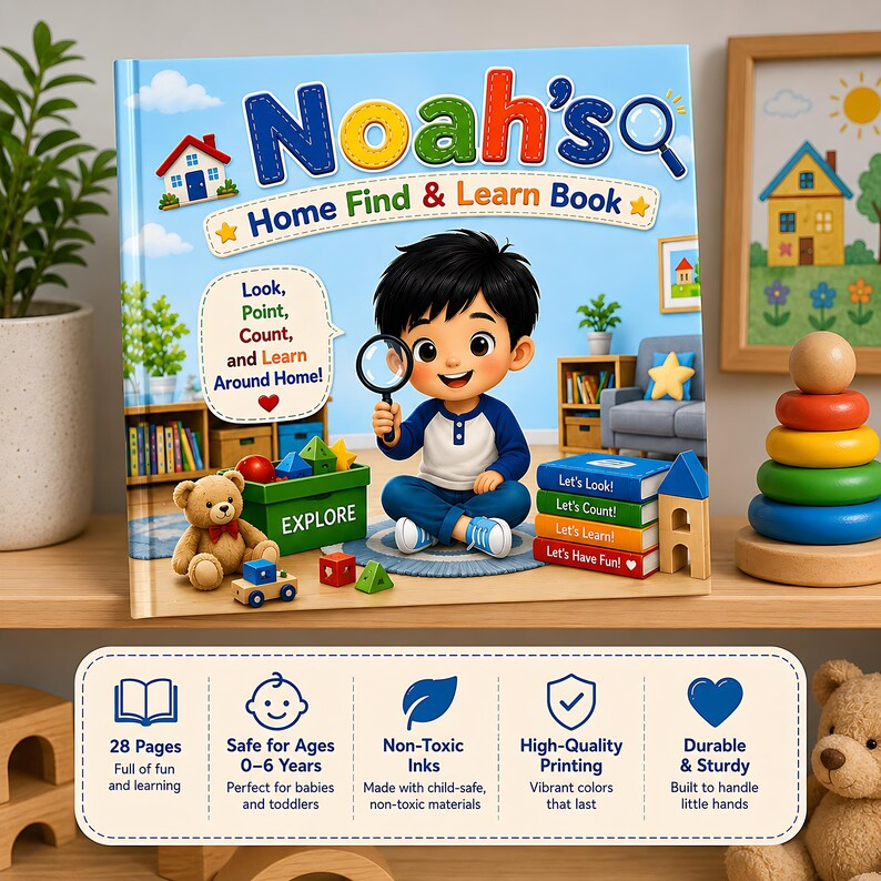Personalized Home Search and Find Book for Kids, Custom Learning Busy Storybook, Name Photo Gift, Interactive Toddler Find and Learn Book