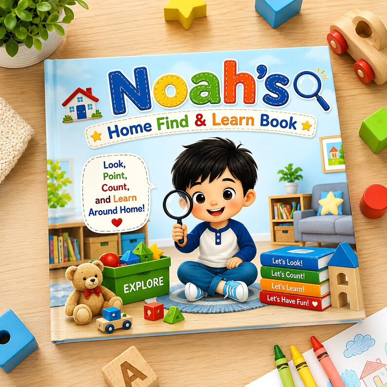 Personalized Home Search and Find Book for Kids, Custom Learning Busy Storybook, Name Photo Gift, Interactive Toddler Find and Learn Book