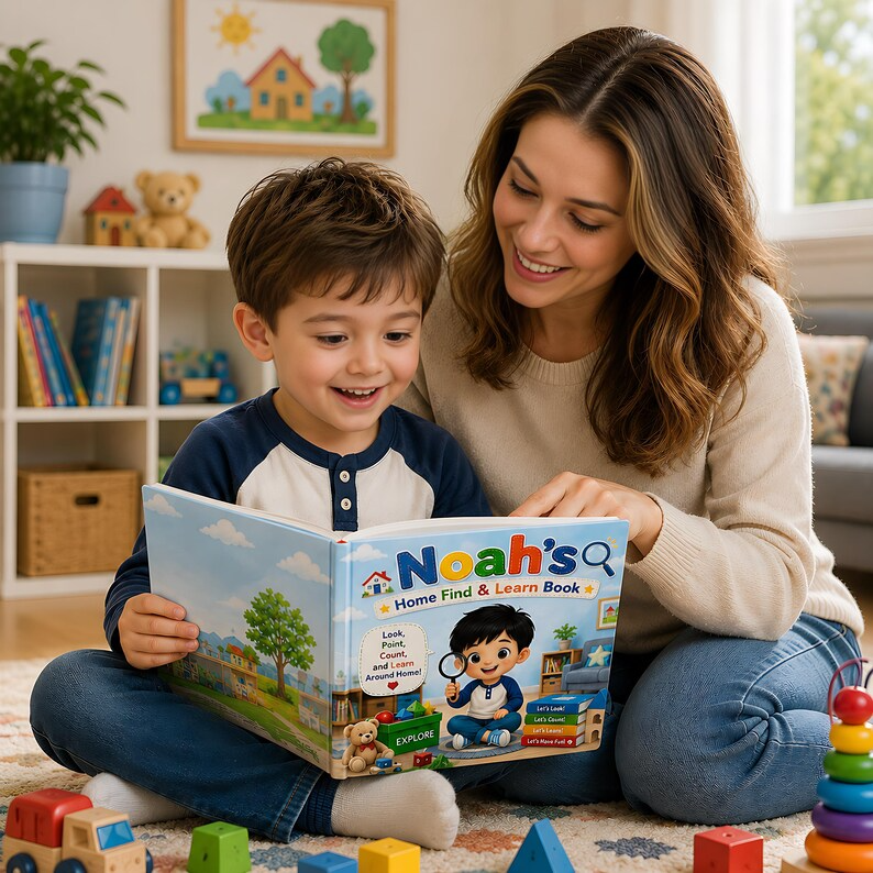Personalized Home Search and Find Book for Kids, Custom Learning Busy Storybook, Name Photo Gift, Interactive Toddler Find and Learn Book