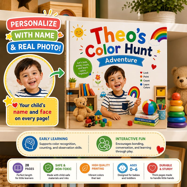 Personalized Color Learning Book for Kids, Custom Name Photo Storybook, Early Learning Parent Child Interactive Gift for Toddlers
